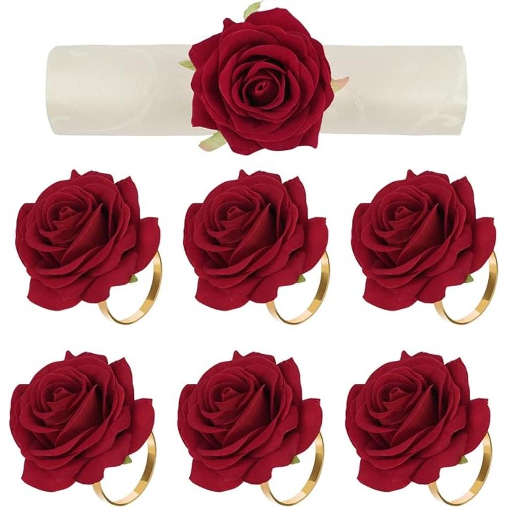 10pcs Rose Napkin Rings Artificial Rose Napkin Rings with Gold Metal Holder Design for Wedding Party Anniversary Dining Table Settings Decor