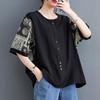 Plus Size Women Summer Cotton Linen T-shirts Loose Vintage Printed Short Sleeve Black Tops
