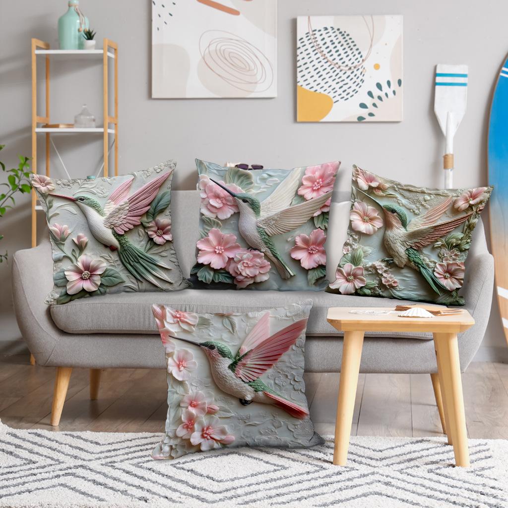 New 3D Imitation Carving Three-dimensional Flower and Bird Print Pillow Case, Fashionable and Simple Living Room Sofa Home Pillow