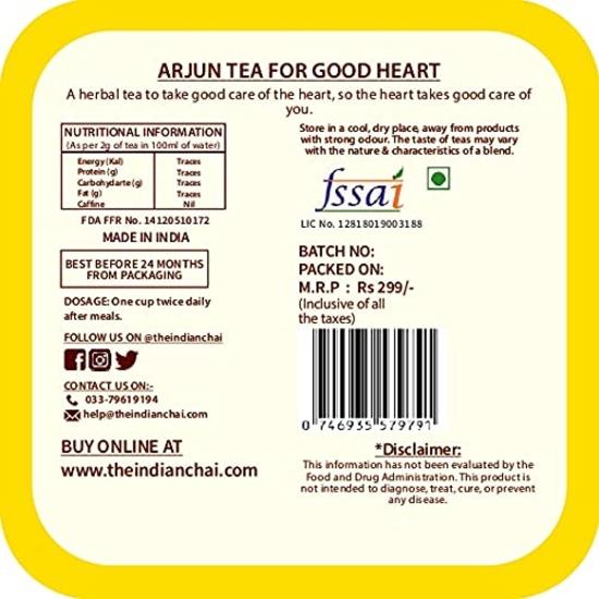 The Indian Chai Arjun Tea For Good Heart 15 Pyramid Tea Bags With Arjuna Bark, Ashwagandha, Bhahmi, Shankhpushpi, Assam, 30 Gm