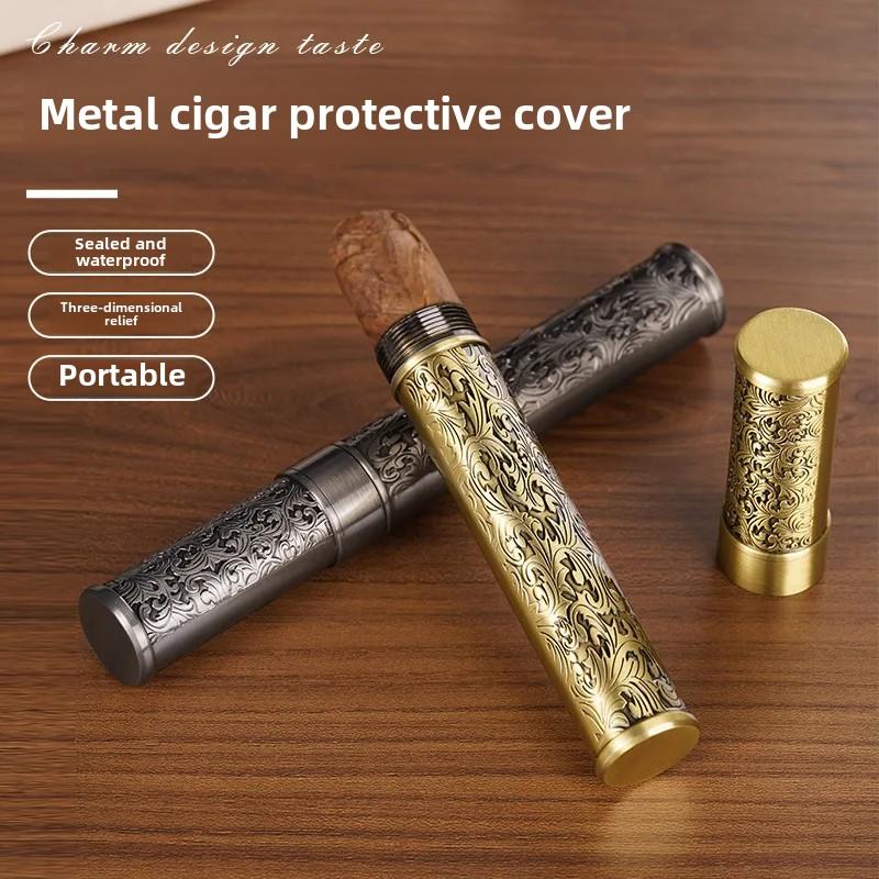 Portable Metal Cigar Case Single Tube Humidor with Moisturizing Seal Cover Waterproof Travel Outdoor Cigar Accessories for Men