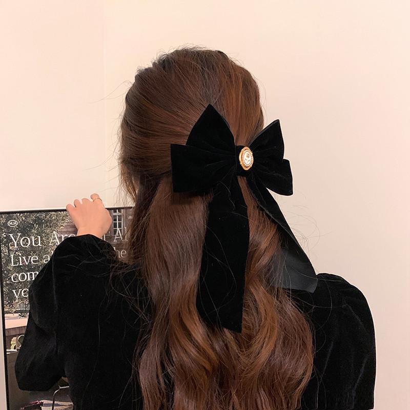 Black Velvet Rose Bow Hair Clip for Women's Elegant Ponytail Clip Fashion Hair Accessory
