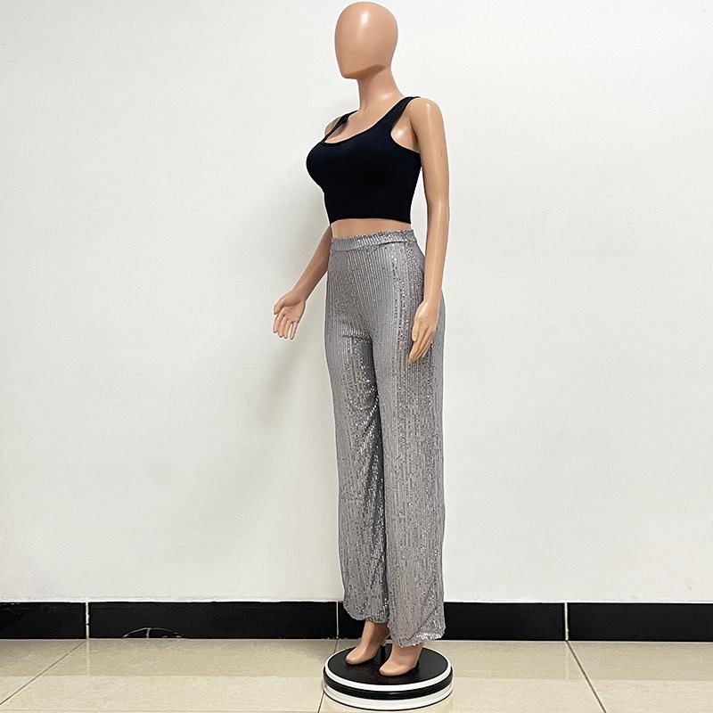 Женские брюки с пайетками с высокой талией и широкими штанинами - Европейская и американская мода