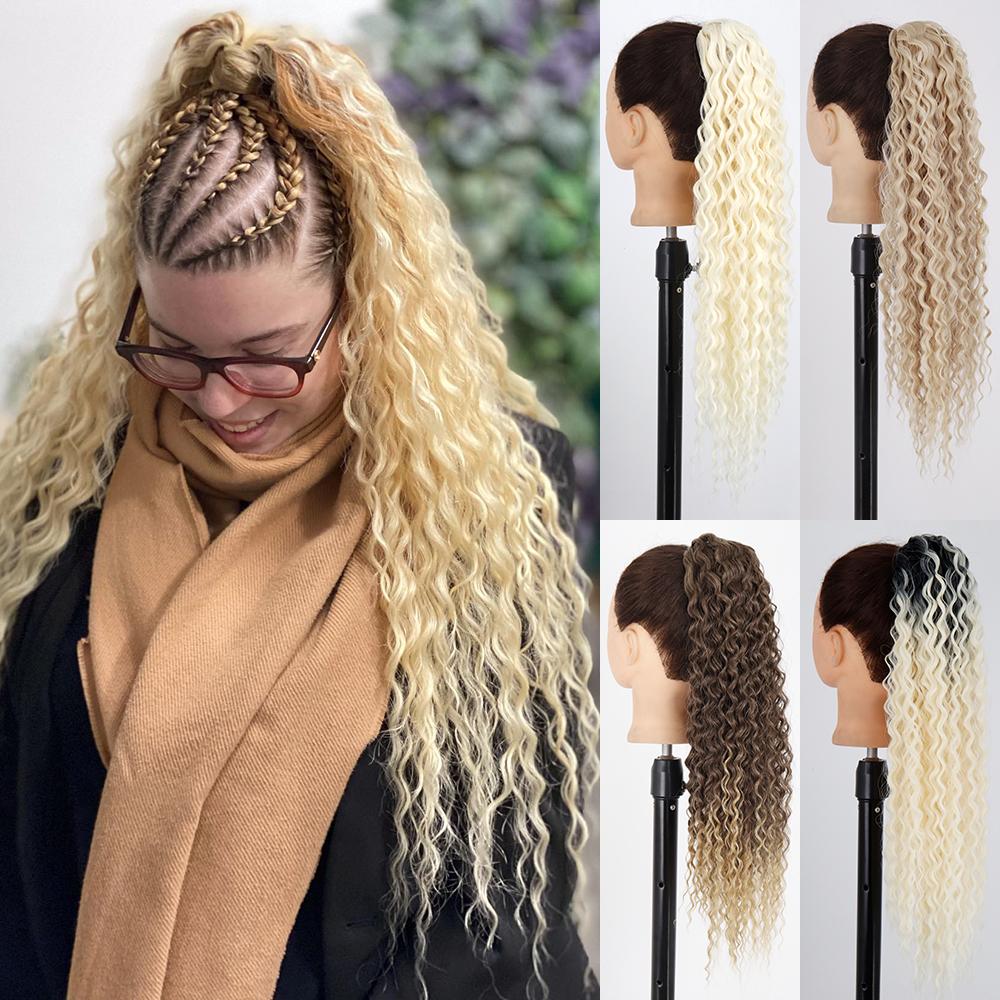 XINRAN Long Curly Clip In Ponytail Hair Extensions Natural Synthetic Blonde Drawstring Pony Tail Hairpieces for Afro Women