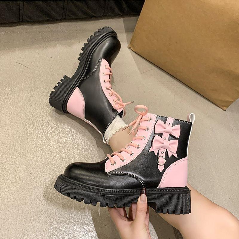 High Platform Round Toe With Laces Chunky Female Short Shoes Spring Autumn Bow Women'S Ankle Boots Y2K Trend Sale Booties