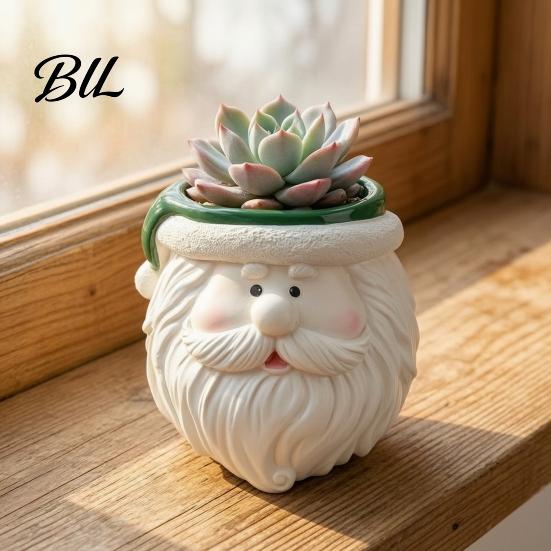 Christmas Themed Desk Accessory Cute Santa Claus Resin Flowerpot, Decorative Desktop Window Sill Decoration Planter, Hand Painted Container for Indoor