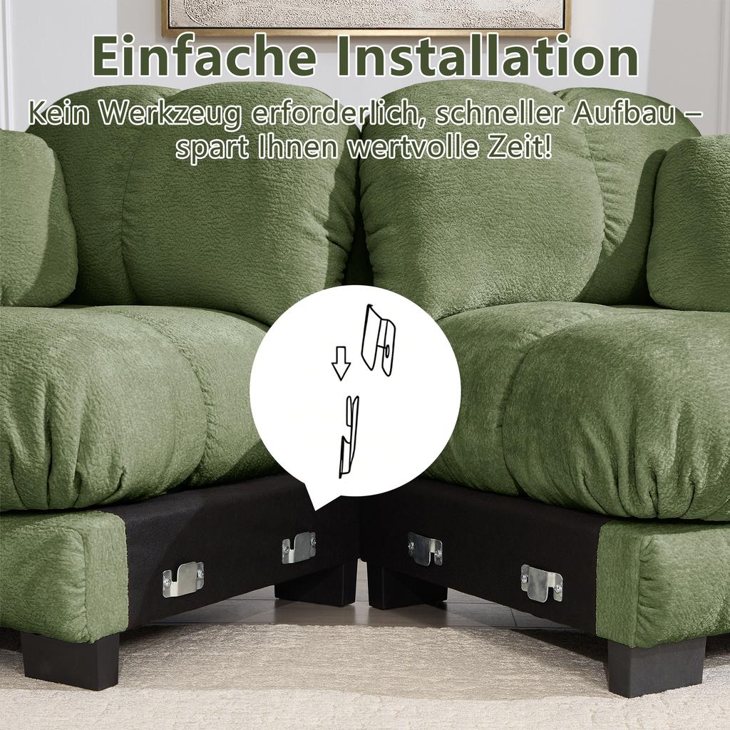 3-Seat U-Shaped Cloud Sofa, Including Mobile Ottoman and 2 Cushions, Fine Quilted Design, Thick Seat Cushions, Suitable for Living Room, Green
