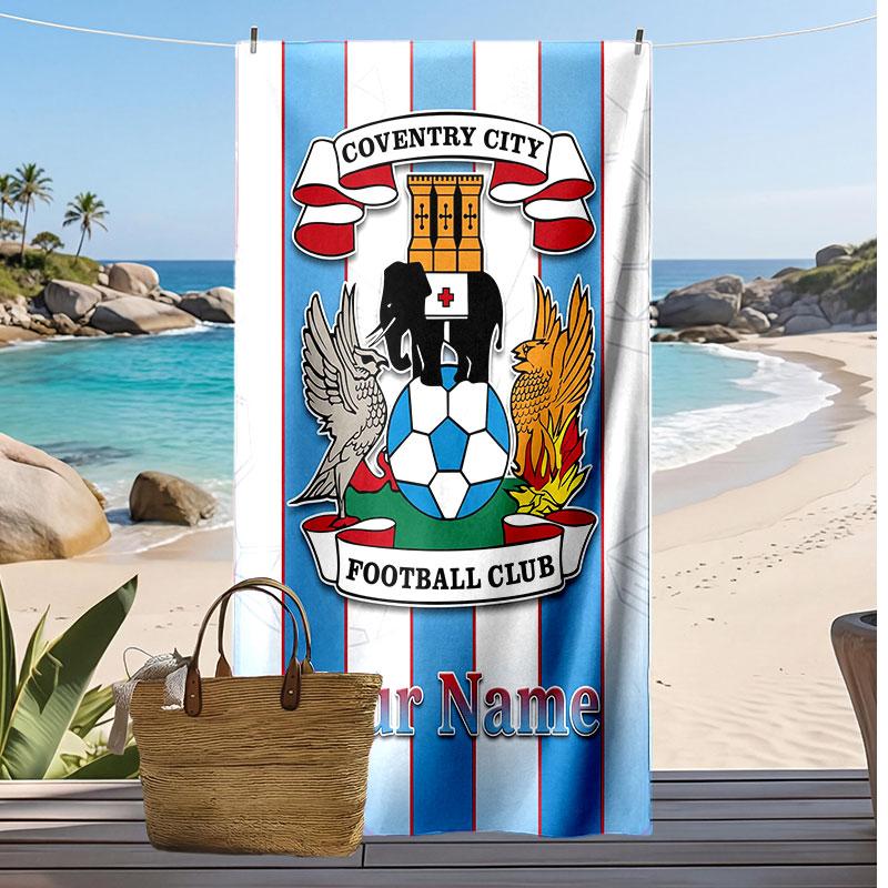 Персонализированное пляжное полотенце Coventry City FC с принтом, логотип футбольного клуба, поддержка, индивидуальное имя, текст, впитывающее полотенце для спорта, путешествий, особый подарок