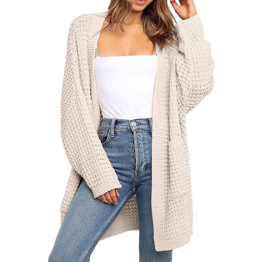 Женская мода Повседневный открытый спереди Длинный рукав Кардиганы крупной вязки Свитера Верхняя одежда Пальто