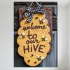 Rustic Beehive Themed Metal Tin Sign - 'Welcome To Our Hive' with 3D Bees, Scalloped Wooden Look & Checkered Bow for Home/Door D