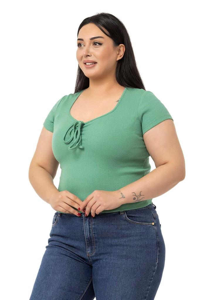 Women's Style Big Size Body Plus Size Half Sleeves Camisole Green Bodysuit With Lace Detail On The Chest