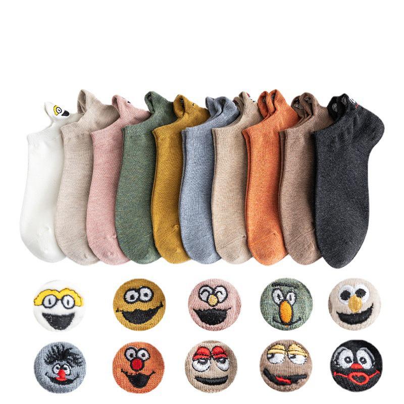 2021 Trendy Cartoon Couple Boat Socks with Funny Embroidered Smiley Faces