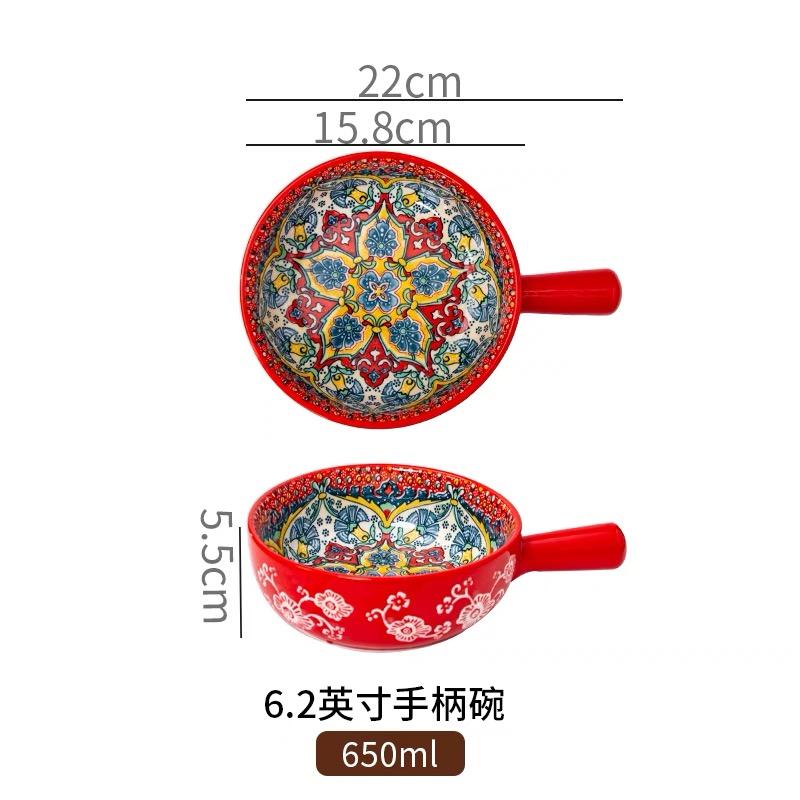 Bohemian Ceramic Handle Bowl, Home Creative Fruit Salad Bowl, Instant Noodle Bowl With Handle, Oven Baking Bowl, Heat-Resistant