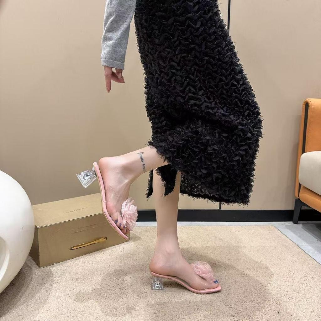 2025 Summer New Popular Super Fairy Flower Outer Slippers Female Foreign Style with Skirt Thick Heel Medium Heel Cool Slippers Female