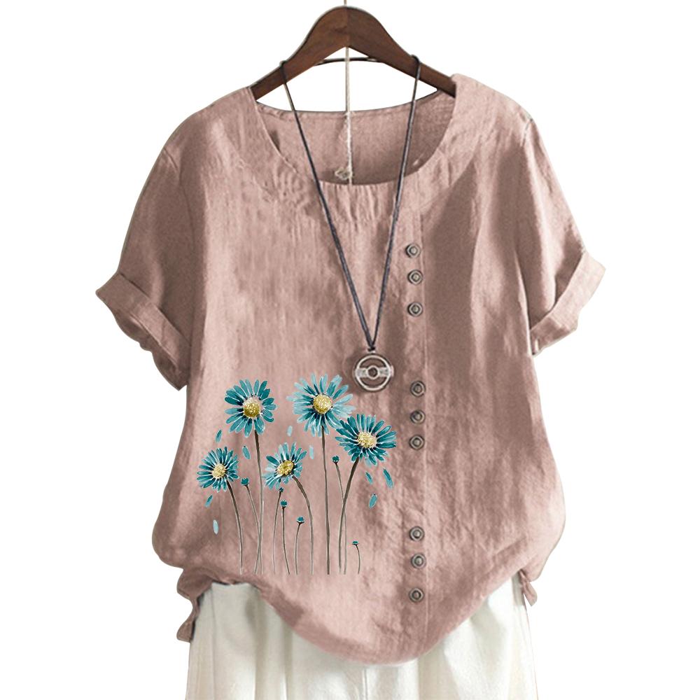 Trendy Ladies' Short Sleeve Top with 11 Colorful Floral Patterns and Round Neck