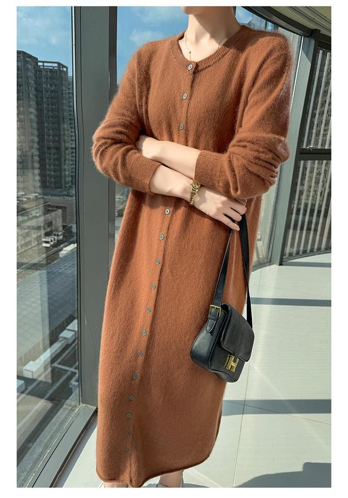Women's Mink Cashmere Cardigan - Round Neck, Long Sleeve, Soft, Fluffy, Loose Fit, Mid-Length Knit Wool Sweater for Autumn/Winter.