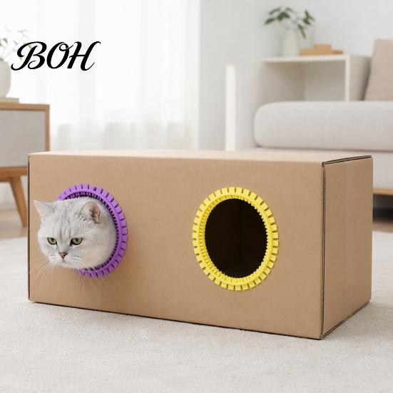Friendly Cat Toy Self Groomer for Cardboard Boxes, DIY Grooming Brush Tunnel Ring, Hands-Free Massage Comb House Door Hole Hair Cleaner