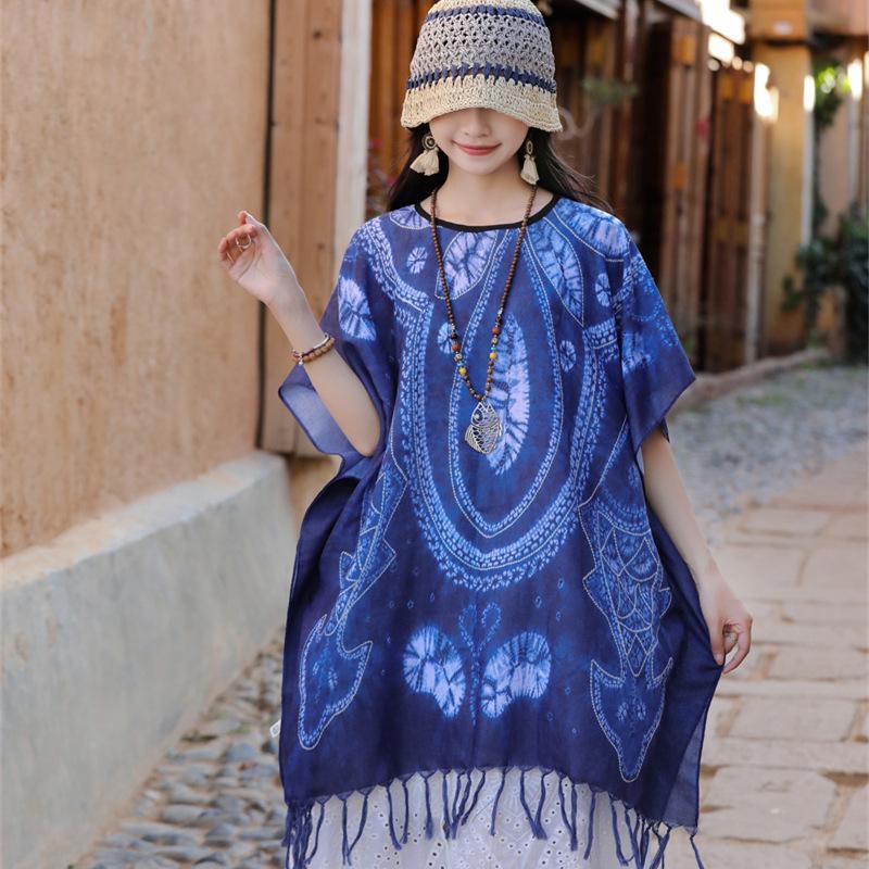 Four Season Imitation Tie Dye Printed Ethnic Style Scarf, Women'S Retro Famous Ethnic Style Blue And White Porcelain Sunscreen Cloak, Large Shawl