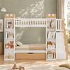 Bunk bed, loft bed, children's bed, wooden bed 90x200cm with drawer, fall protection and storage staircase, castle-shaped storage, white+natural color