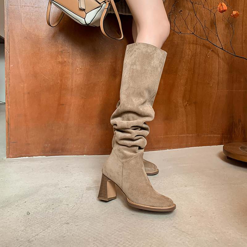 Krazing Pot Осенне-зимняя обувь из флока, женские сапоги до колена с плиссированными украшениями