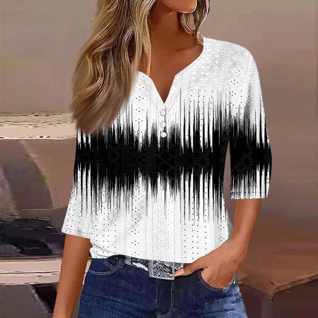 Women's Fashion V-Neck Button Seven Sleeve T-Shirt Casual Geometric Splicing Printed Top