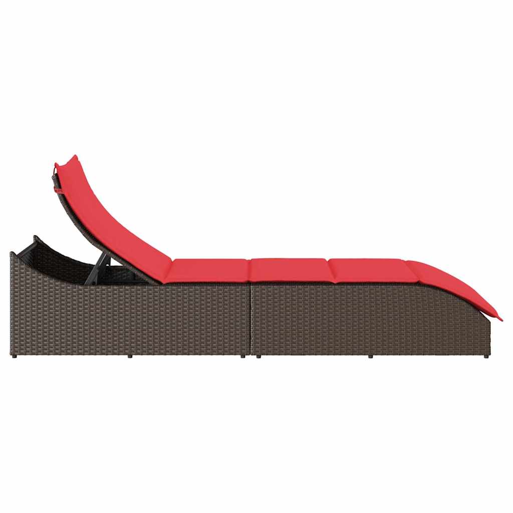 Folding Sun Lounger with Cushion and Storage Space Brown Poly Rattan