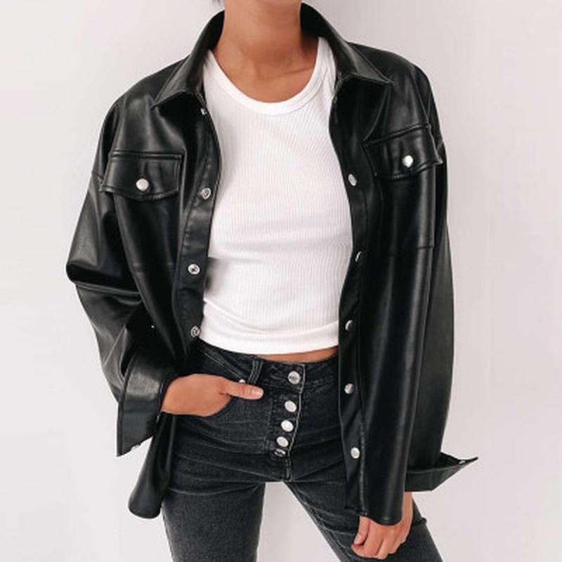 Streetwear Black PU Leather Blouse Women Cardigan Buttons Fashion Women's Shirt Top Long Sleeve Solid Leather Blouses
