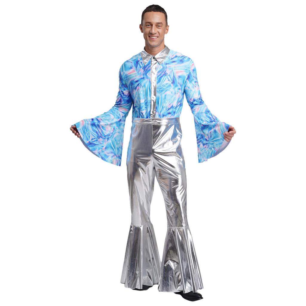 Mens Metallic Bell Bottom Disco Jumpsuit Turn Down Collar Flared Sleeves Printed Bodice Bodysuit Party Costume