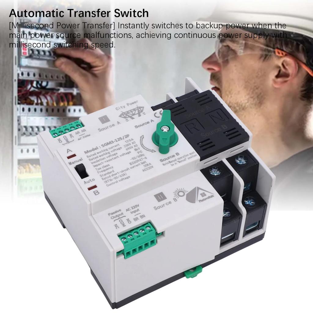 Double Power Automatic Transfer Switch 125A 2P Millisecond Switching Double Power Generator Changeover Switch for PV
