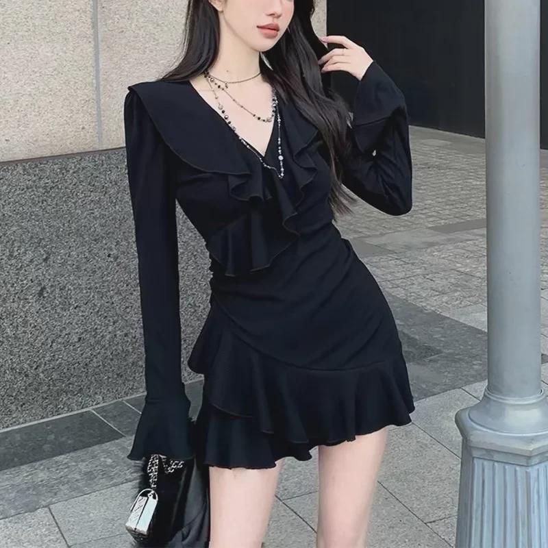 Платье А-силуэта с оборками и V-образным вырезом для женщин — облегающее, облегающее талию, новый стиль осень/зима