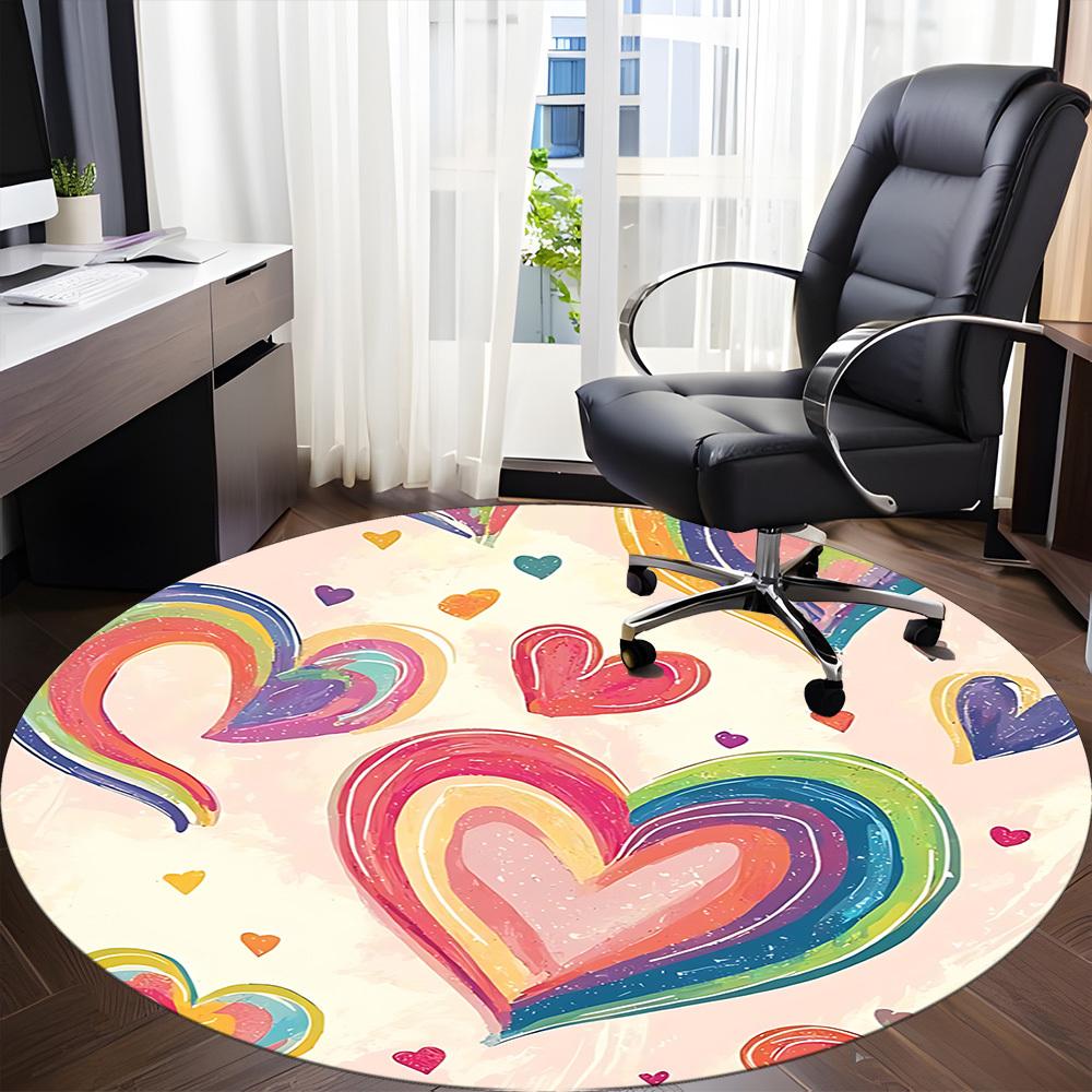 1pc Rainbow Hearts Decor Office Round Rug, Non-slip, Soft and Durable Office Rug for Interior Decoration, Perfect for Office, Beautiful Decoration yy2