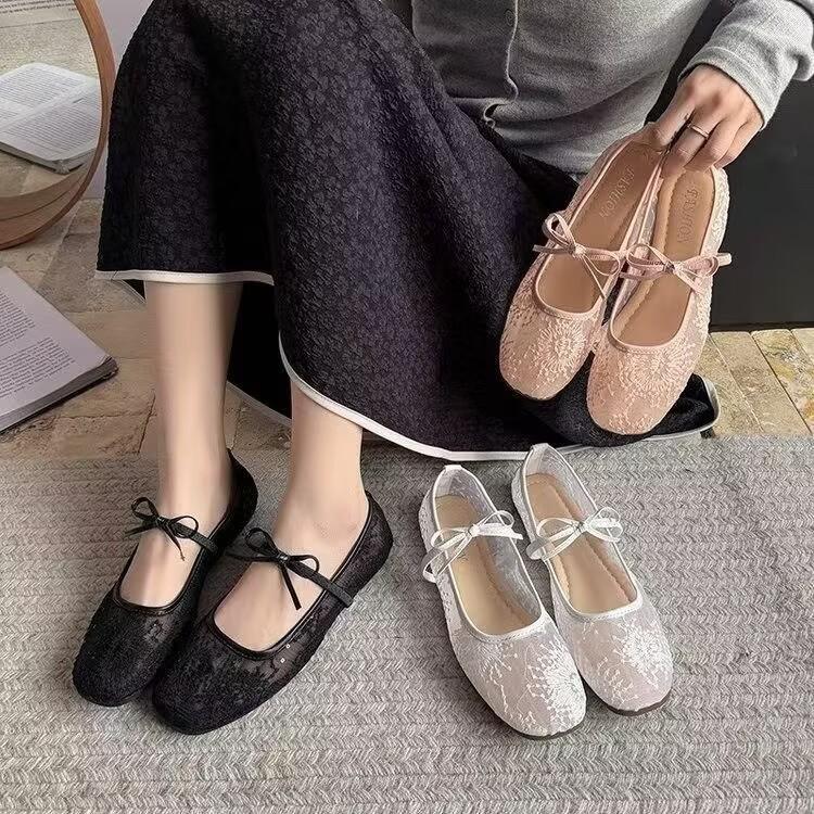 Breathable lace mesh single shoes 2026 spring and summer new flat women's shoes bow light mouth Mary Jane shoes
