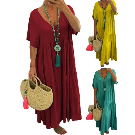 Женское платье макси, плиссированное, с v-образным вырезом, винтажное, с короткими рукавами, в стиле пэчворк, со свободным подолом, мягкое однотонное женское летнее платье