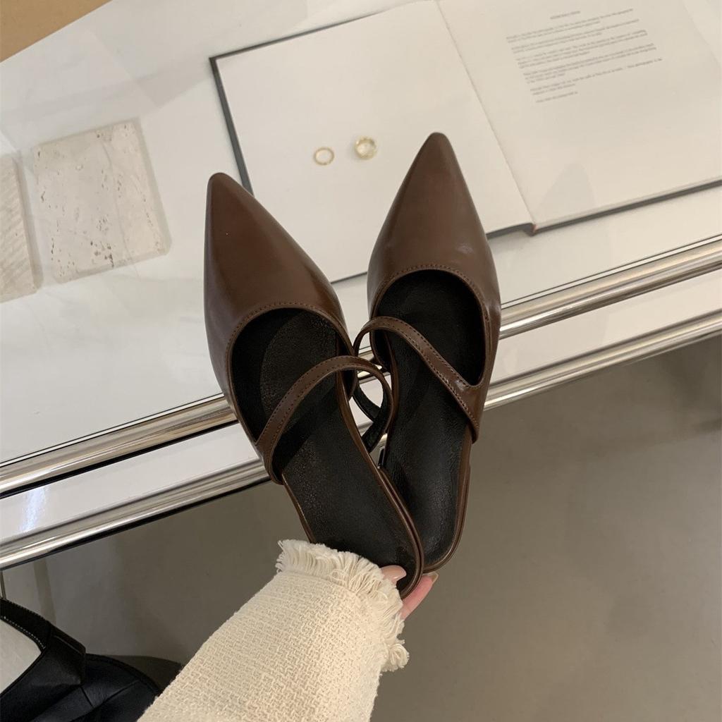 Women's Bag Head and Half Slippers, Women's Wear Pointed Soft Leather Shoes, Gentle Flat Sandals