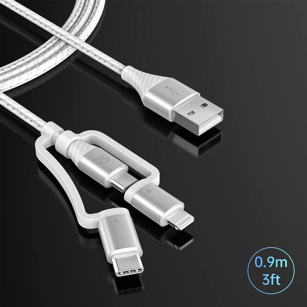 Teleadapt Type USB Charging Fast Charging MFi Compatible with iPhone and Android Devices Lightning/USB C/Micro 3-in-1 Cable, 2.4A/480MBPS Cable,