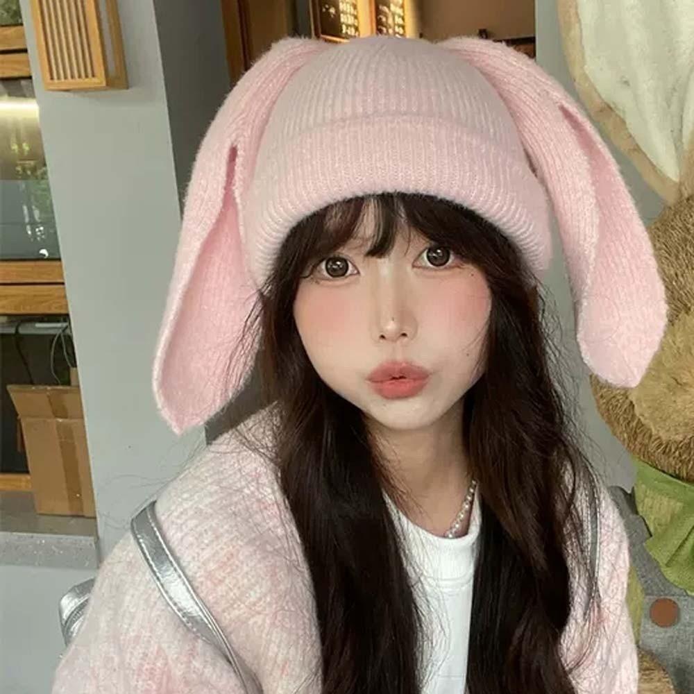Korean Style Rabbit Ears Cap Elastic Solid Color Knitted Hat Woolen Hat Brimless Beanie Hat Couple