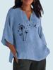 Women Fashion Blouse V Neck Print 3/4 Long Sleeve Cotton Linen Shirt Ladies Pullover Loose Tops