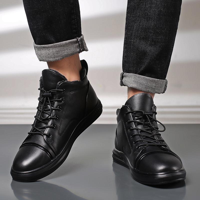 Genuine Leather Men's Casual Shoes Fashion High Top Sneakers Shoes Winter Wool Fur Warm Men Boots Outdoor Snow Non-Slip Footwear