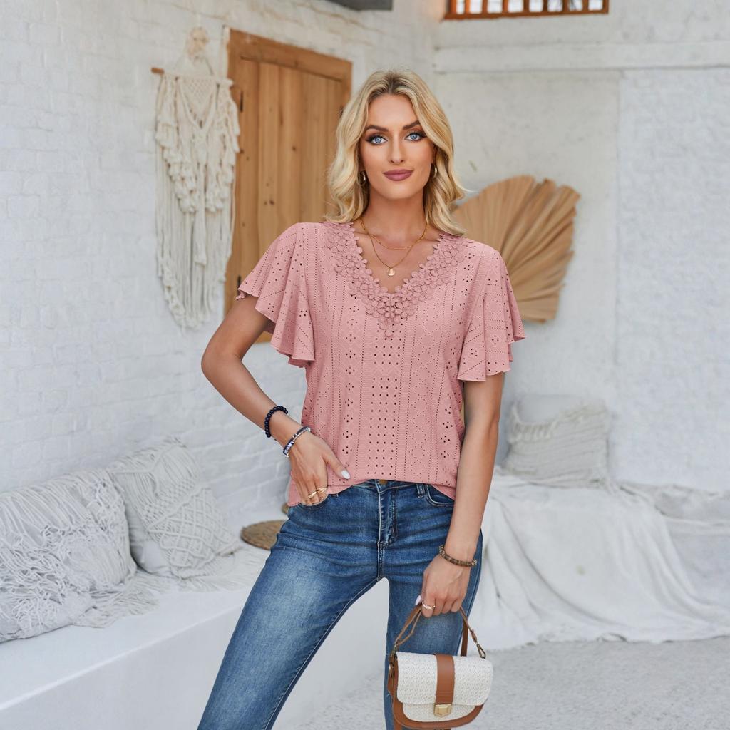 Women's Fashionable Casual Lace V-Neck Ruffle Sleeve Loose T-Shirt