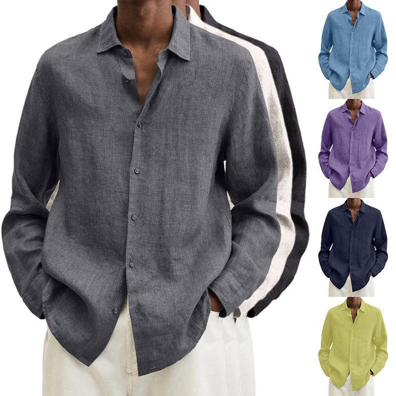Autumn Long-sleeved V-neck Loose Button Cotton Linen Shirt Shirt Men's Fashion Casual Blouse Solid Colour Shirt
