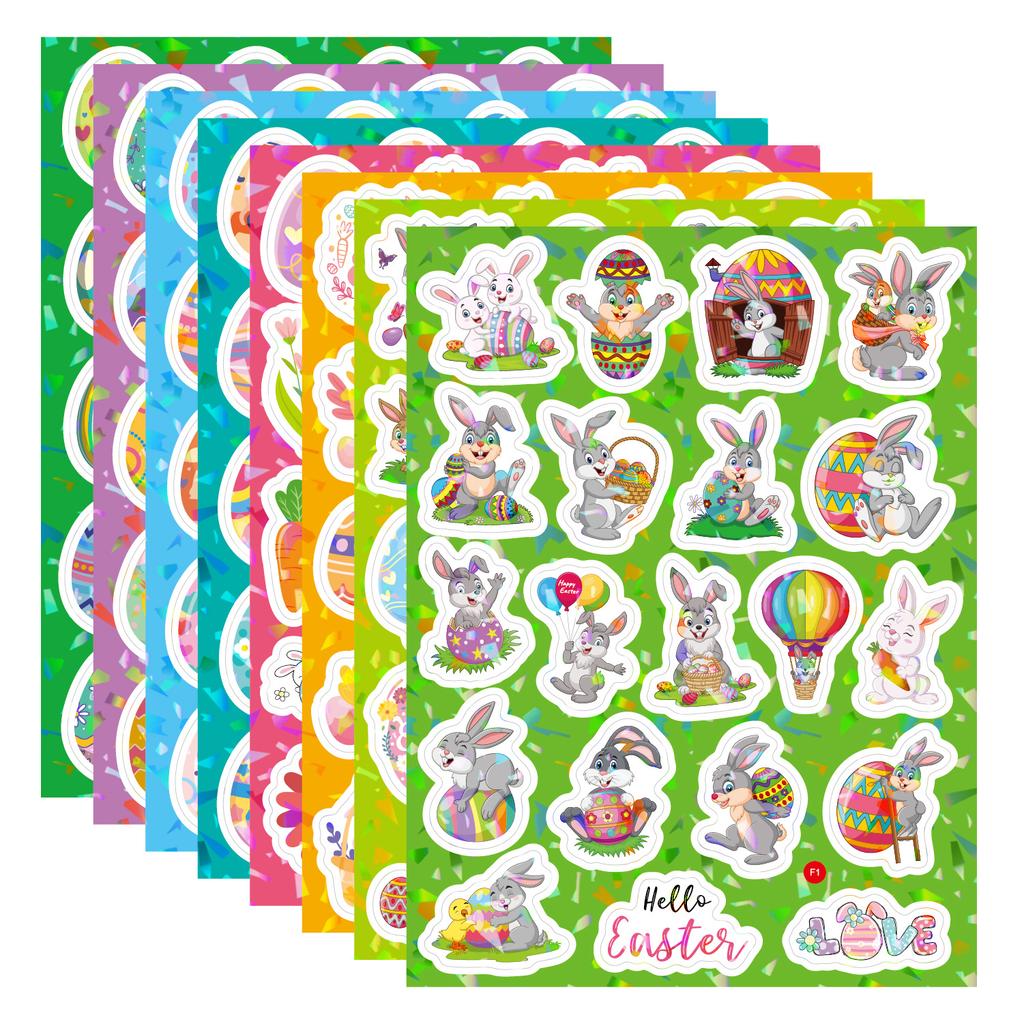 160pcs 8 Sheets Christmas Halloween Easter Stickers Laser Bunny Egg Cartoon Holographic Waterproof Removable Vinyl Sticker Decor