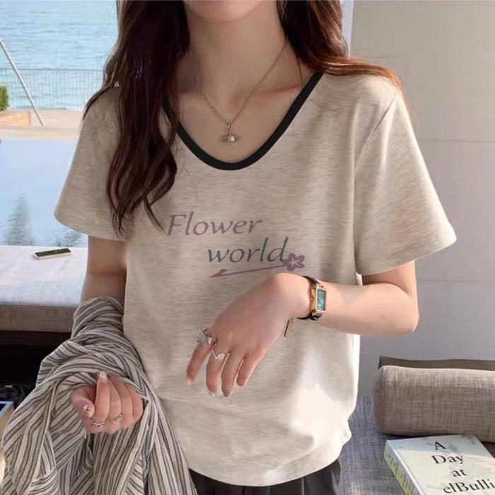 Front shoulder v-neck printed short-sleeved t-shirt Korean ins new popular women's summer thin belly cover top tide
