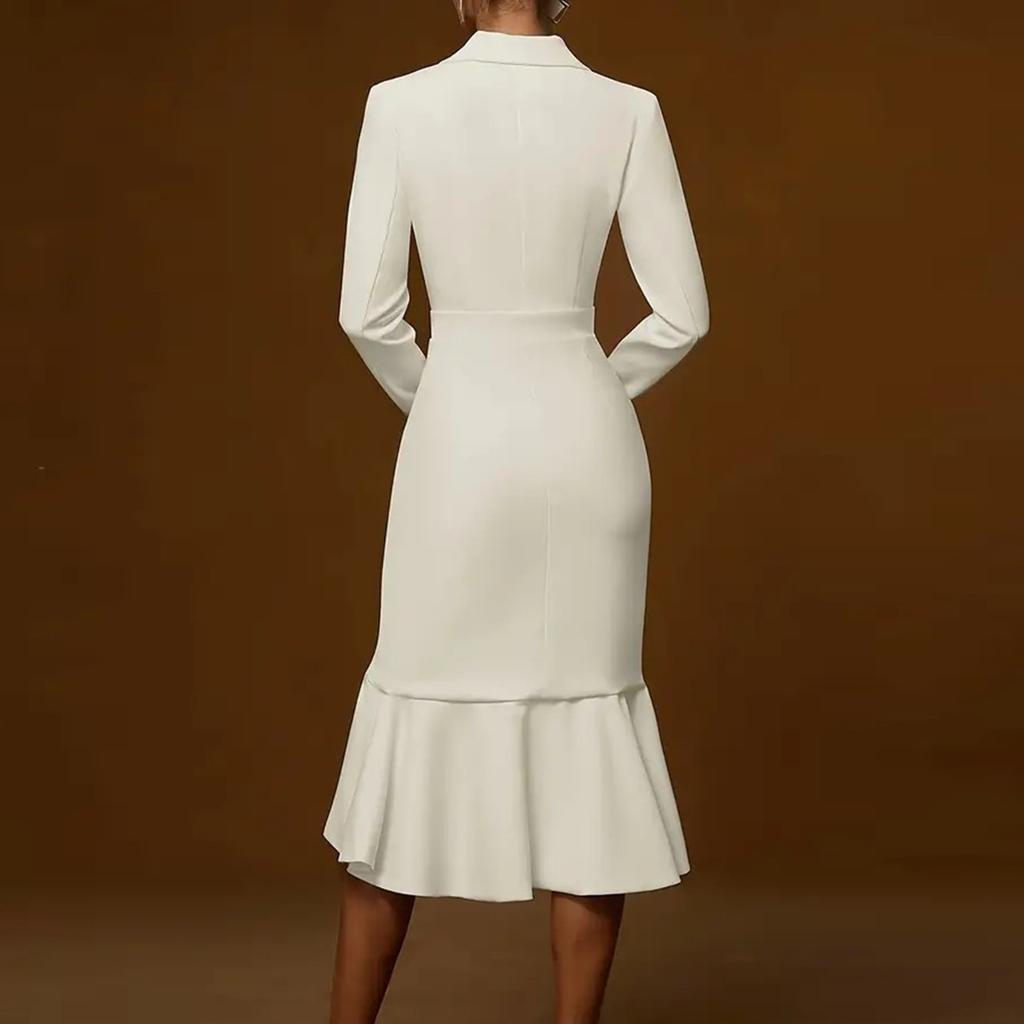Женственная Модная Элегантность Однотонное Платье Бодикон с Длинными Рукавами, Воротником-Стойкой, Подчеркивающее Талию, Приталенное, с Юбкой Годе