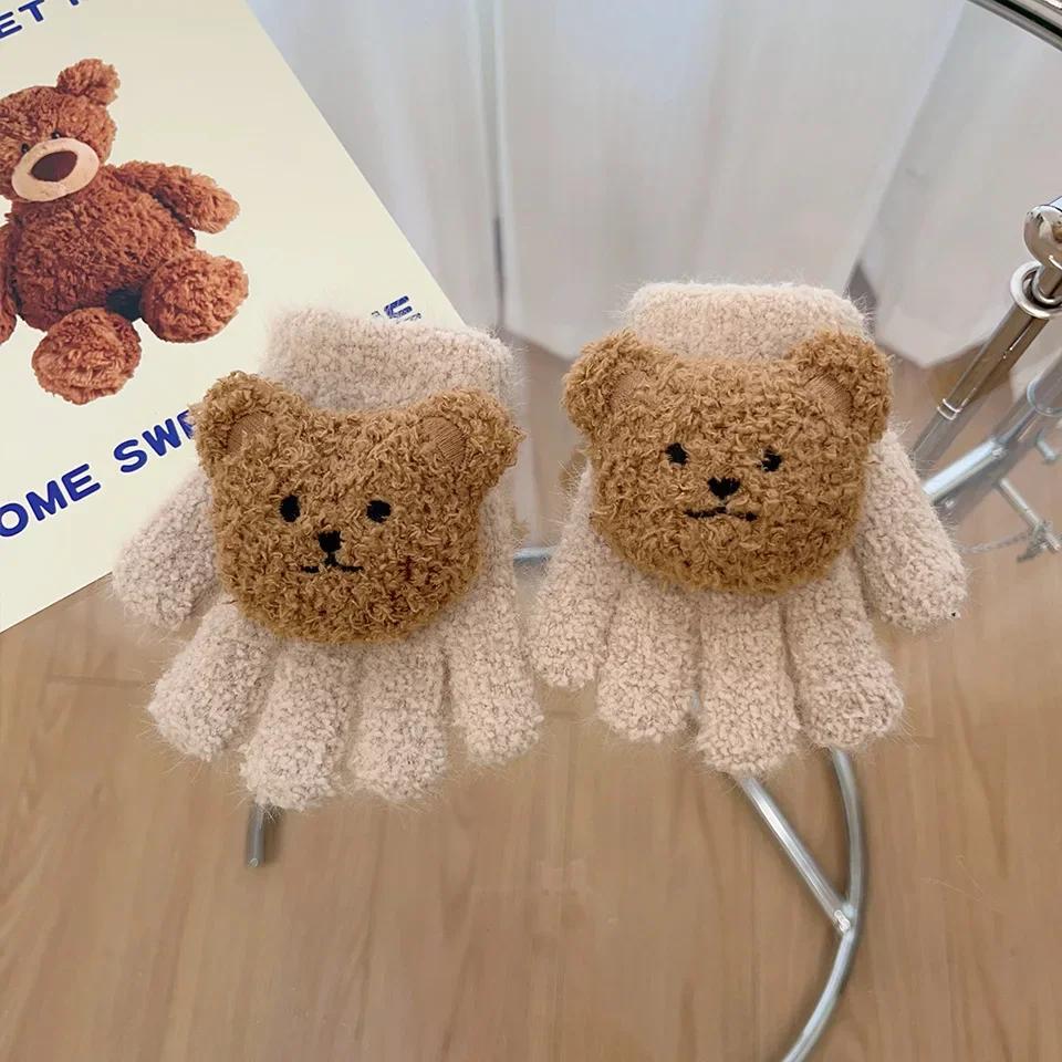 1 Pair Warm Otudoor Kids Glove for Boy Girl 3D Cute Cartoon Bear Glove for Toddler Sweet Autumn Winter Thicken Warm Baby Glove