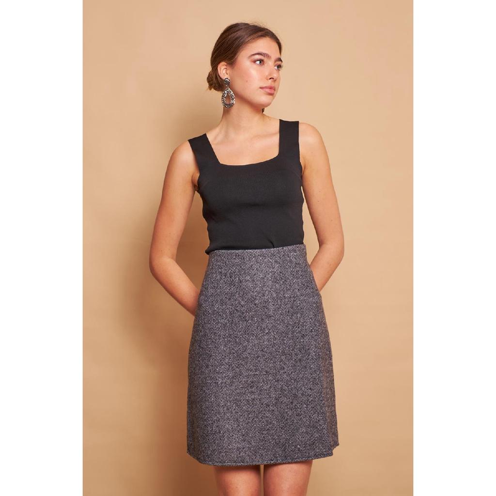 Легкая шерстяная зимняя жаккардовая ткань из лайкры с высокой талией Легкая юбка-колокольчик выше колена — черная диагональ