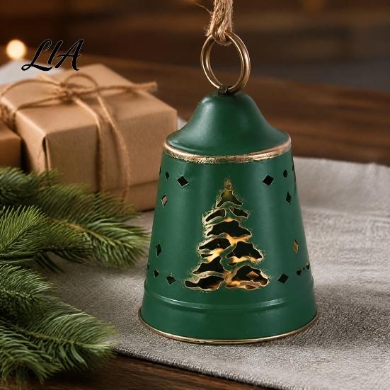 Vintage Metal Bell Crafts Christmas Ornament, Large Iron Hanging with Rustic Decorations Hollow Carved Tree Pattern for Door, Garland, Wreath, Holiday