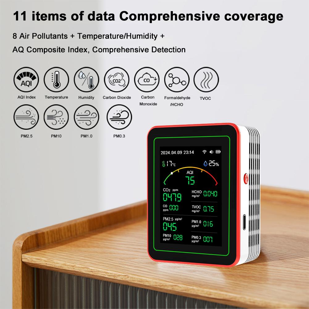Портативный WiFi 15-в-1 Тестер AQI PM0.3 PM1.0 PM2.5 PM10 с TFT-дисплеем Бытовой Тестер CO CO2 TVOC HCHO Измеритель Температуры и Влажности