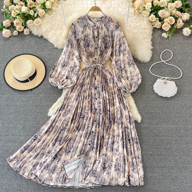 RUGOD 2024 весеннее свободное тонкое атласное однобортное плиссированное платье с круглым вырезом и длинными рукавами, элегантное легкое экстравагантное длинное платье