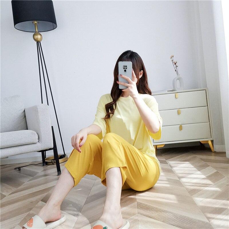2025 новый женский пижамный костюм весна-лето модальная пижама с короткими рукавами + брюки-восьмерка домашний костюм из двух частей тонкая пижама