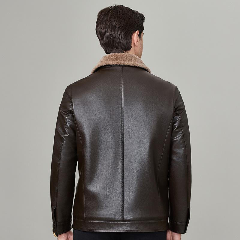 Genuine Leather Jacket for Men with Velvet and Thickened Sheep Fur One-piece Daddy Lapel Leather Jacket